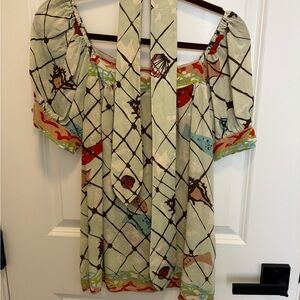 Nanette Lepore Mint Grid Seashell Peasant Blouse